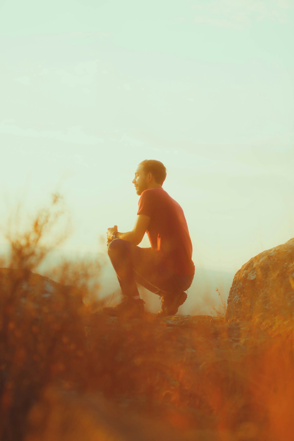 a man sitting on top of a rock next to a bush